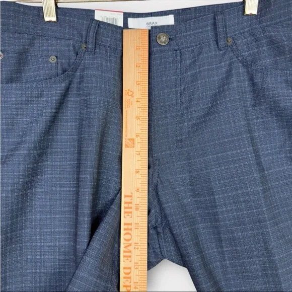 Brax Cooper Fancy Regular Fit Chino Pants Mens 35x36 Blue Plaid Unhemmed Leg NWT